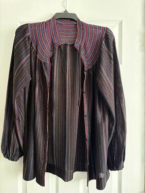Black Striped Women’s Cardigan with Multicolor Ribbed Collar